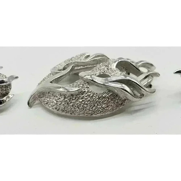Vintage Crown Trifari Brooch Earrings Set MCM Fire & Ice Flames Silver RARE - Picture 2 of 12